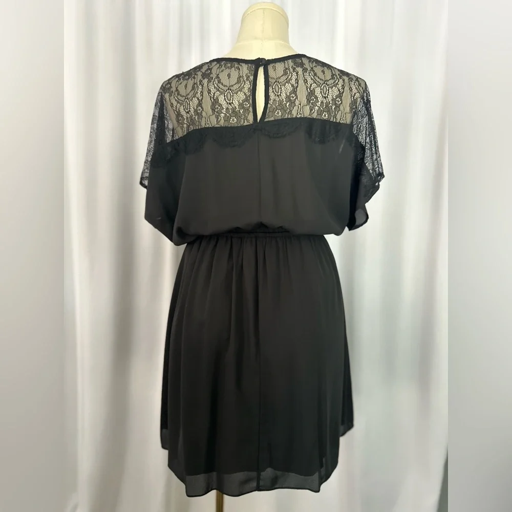 Maitai Black Lace Yoke Chiffon Dress | Elastic Waist | Short Sleeve (1160-6)